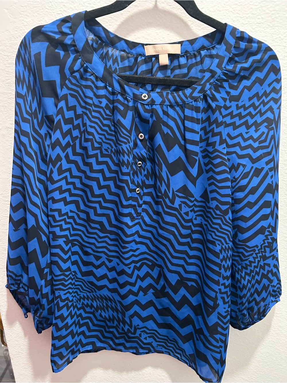Banana Republic Blue and Black Geometric Button-Front Blouse